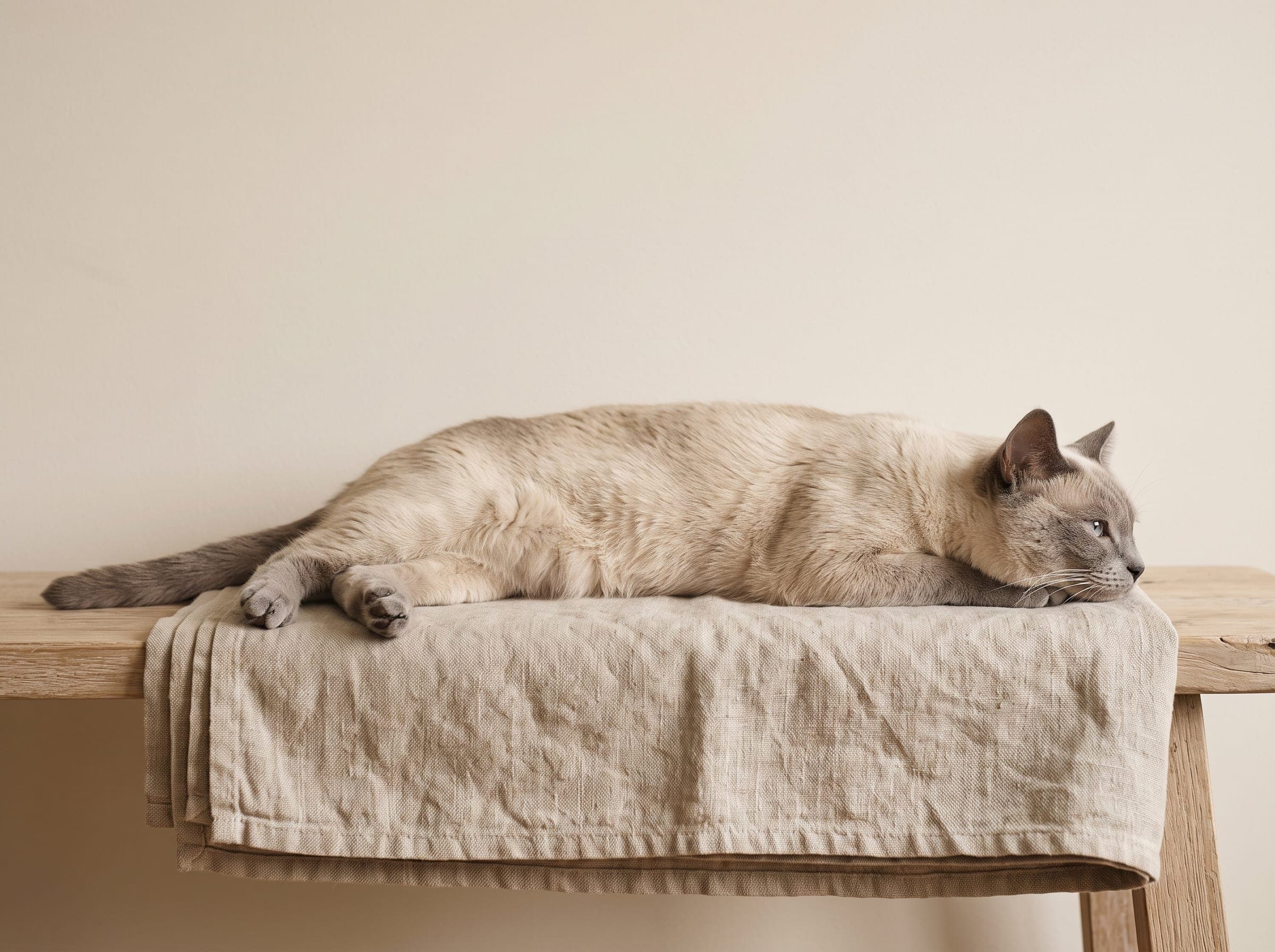 Chat allongé sur un plaid de lin brut posé sur un banc en bois clair