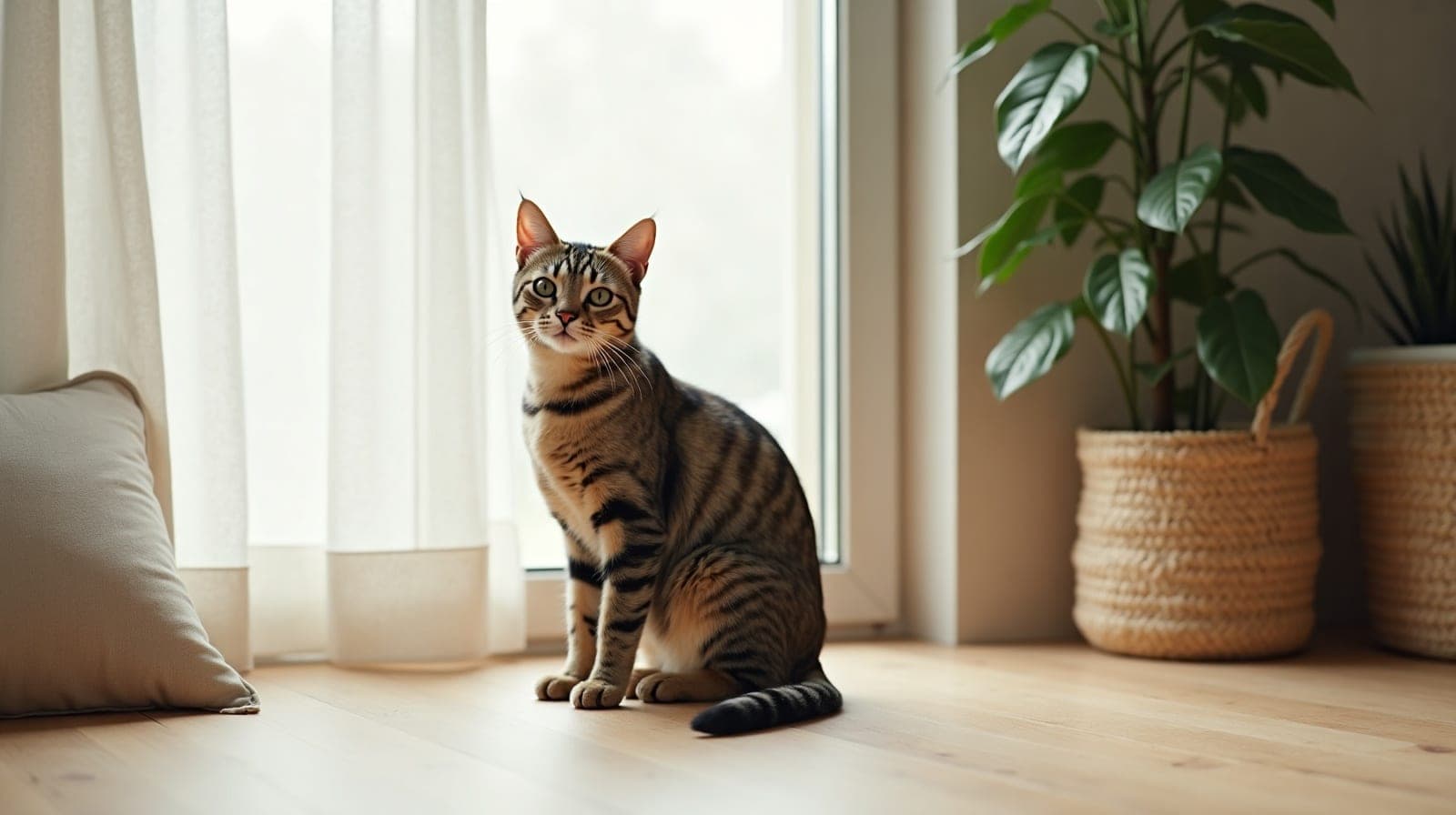 Chat assis sur un parquet clair devant une fenêtre voilée, dans un intérieur calme