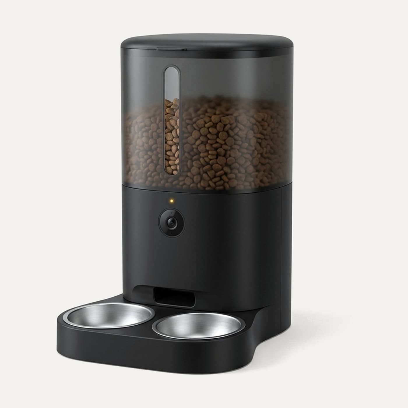 Distributeur de croquettes 4 L avec caméra et double gamelle, vu de trois quarts sur fond clair