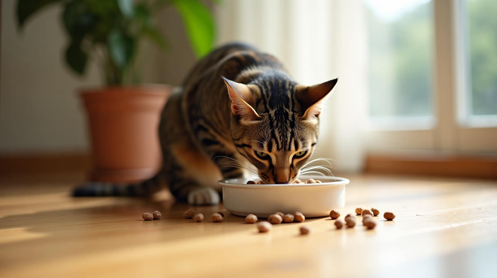 Chaton tigré allongé au sol entouré de croquettes éparpillées, intérieur lumineux avec plantes vertes