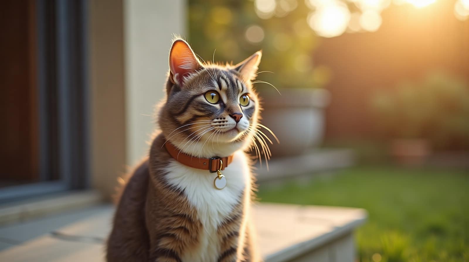 Chat gris portant un collier rouge avec une médaille ronde, assis sur une terrasse pavée, jardin en arrière-plan