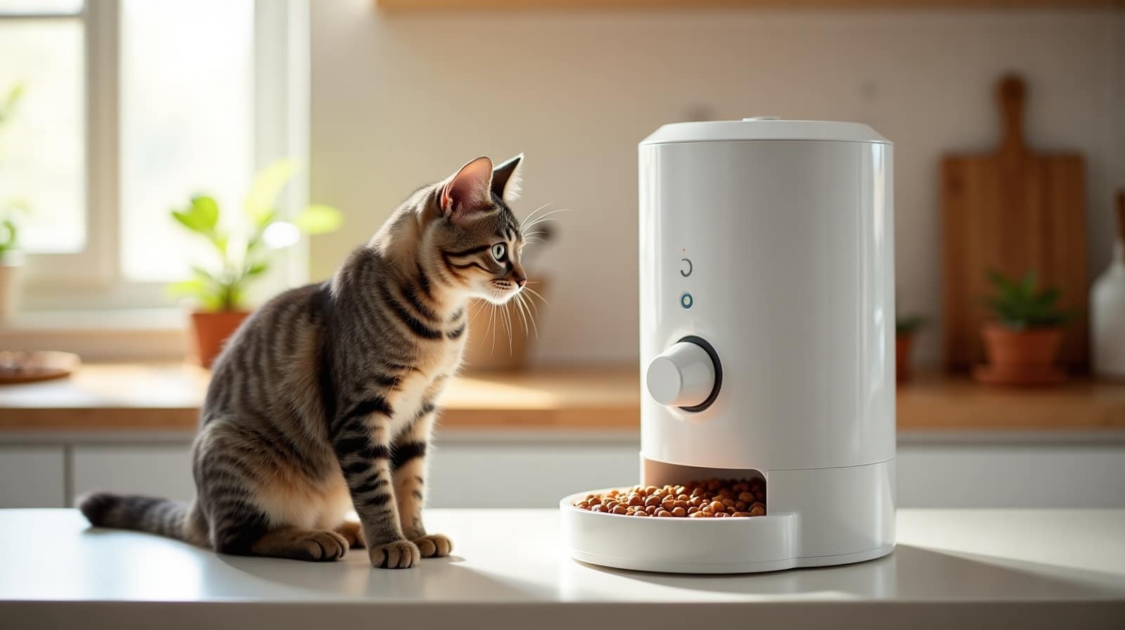 Chat roux assis face à un distributeur automatique de croquettes blanc posé sur un plan de travail de cuisine, lumière de jour douce