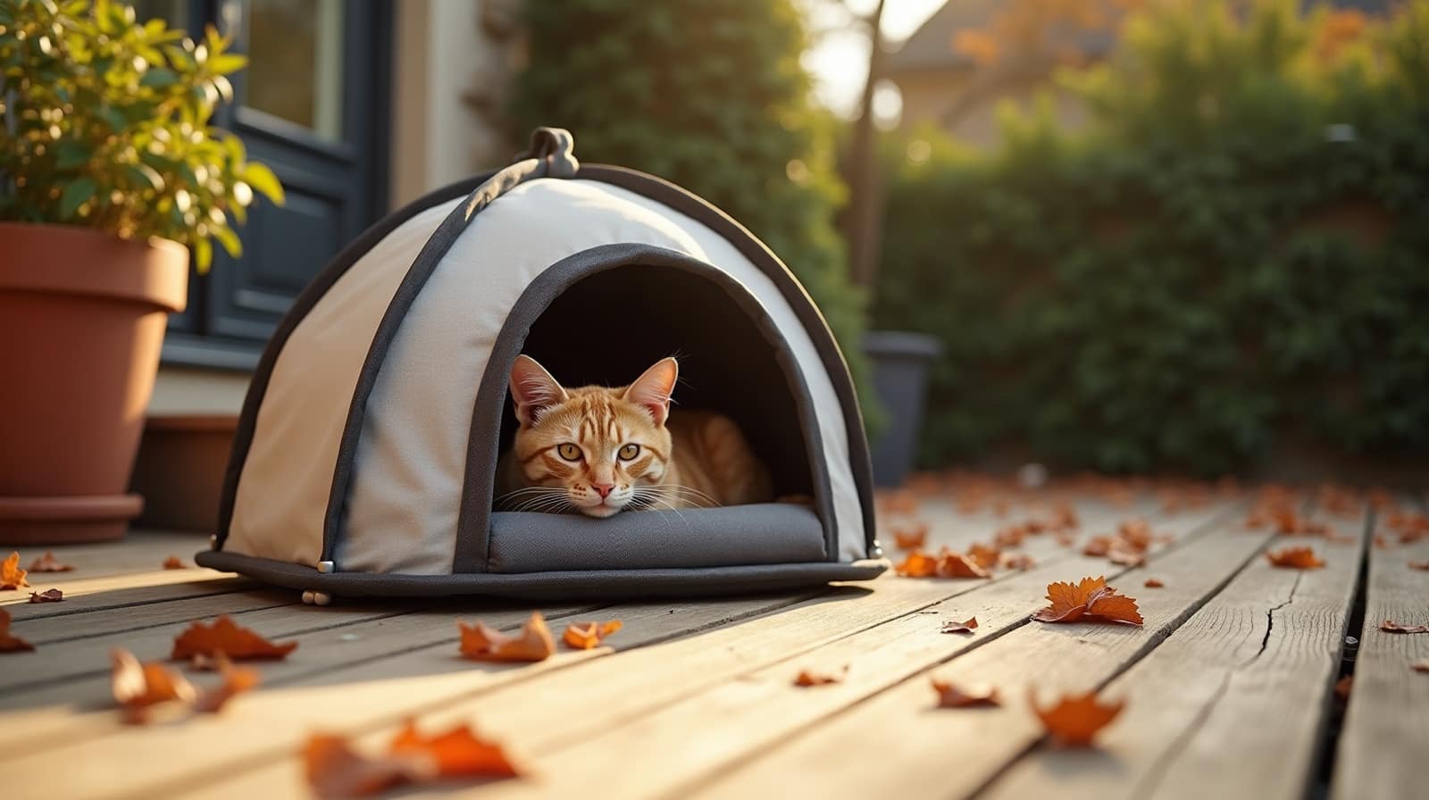 Abri souple gris pour chat installé sur une terrasse, chat installé à l'intérieur, feuilles d'automne éparpillées au sol