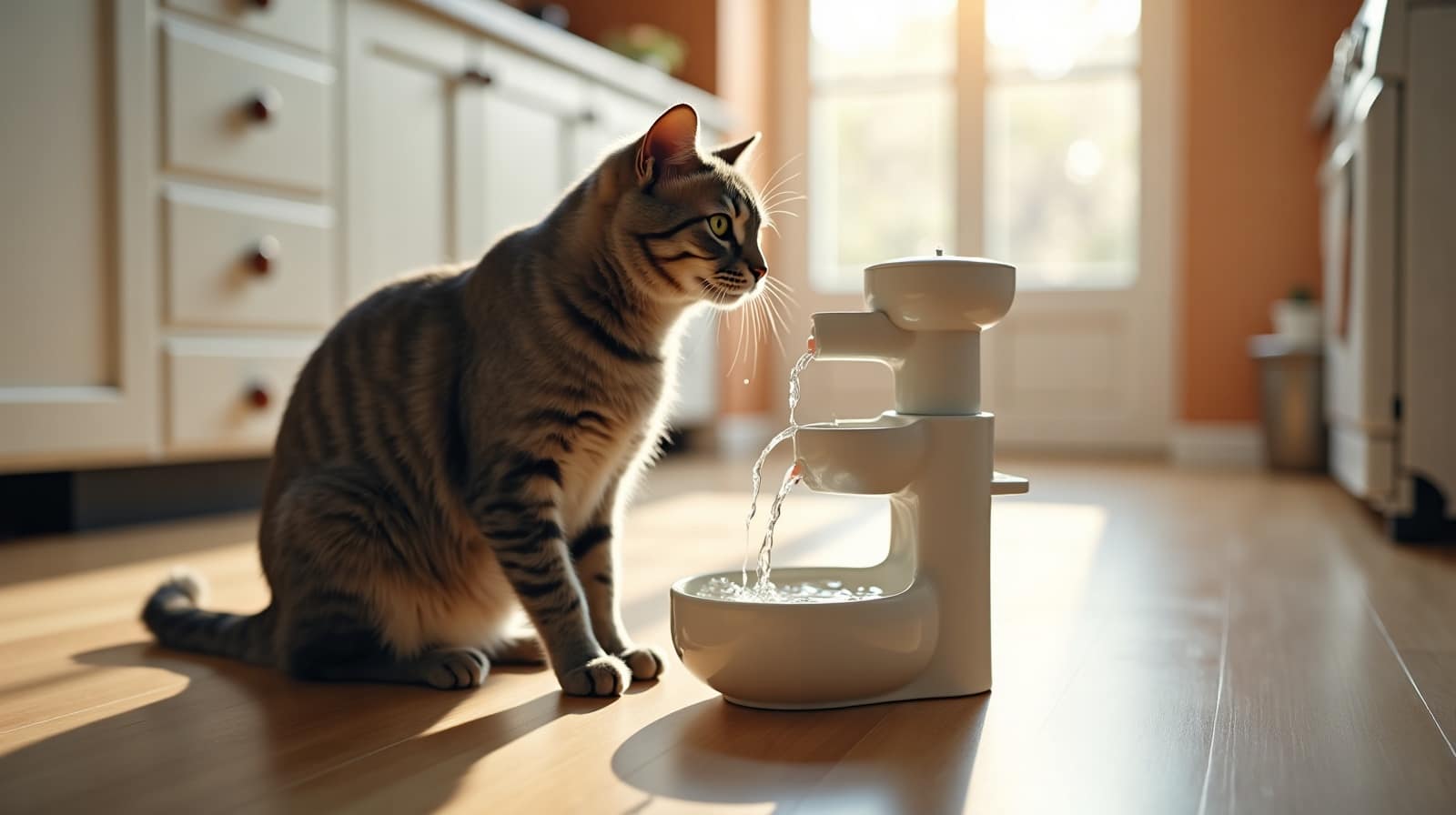 Chat gris assis près d'une fontaine à eau en céramique blanche posée sur le sol d'une cuisine, eau visible en mouvement dans le bassin