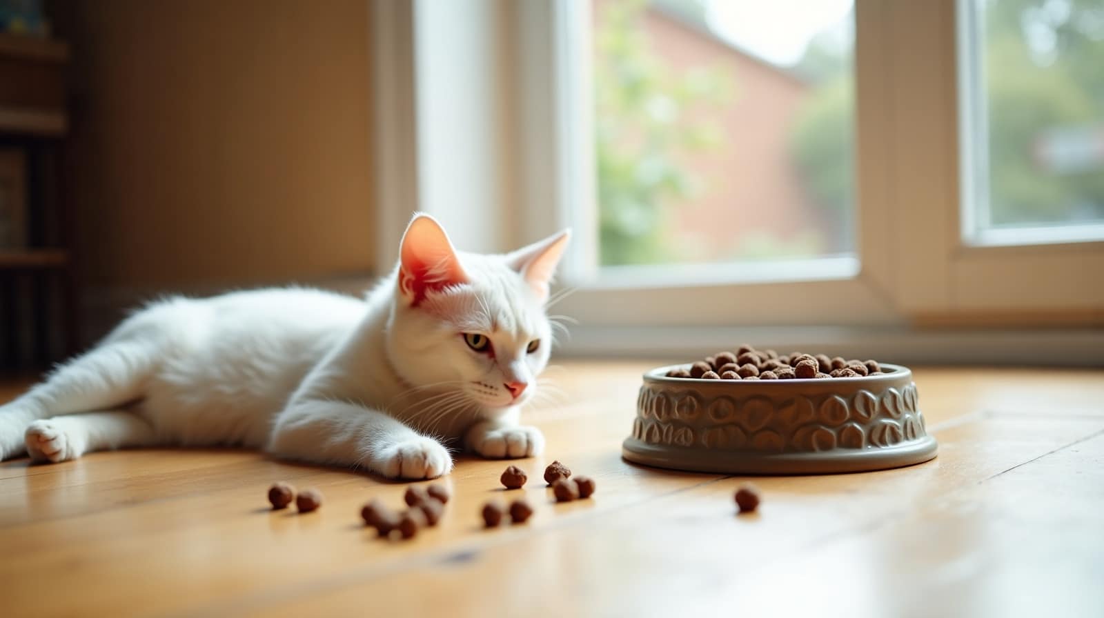 Chat blanc allongé au sol entouré de croquettes éparpillées, intérieur lumineux près d'une porte-fenêtre