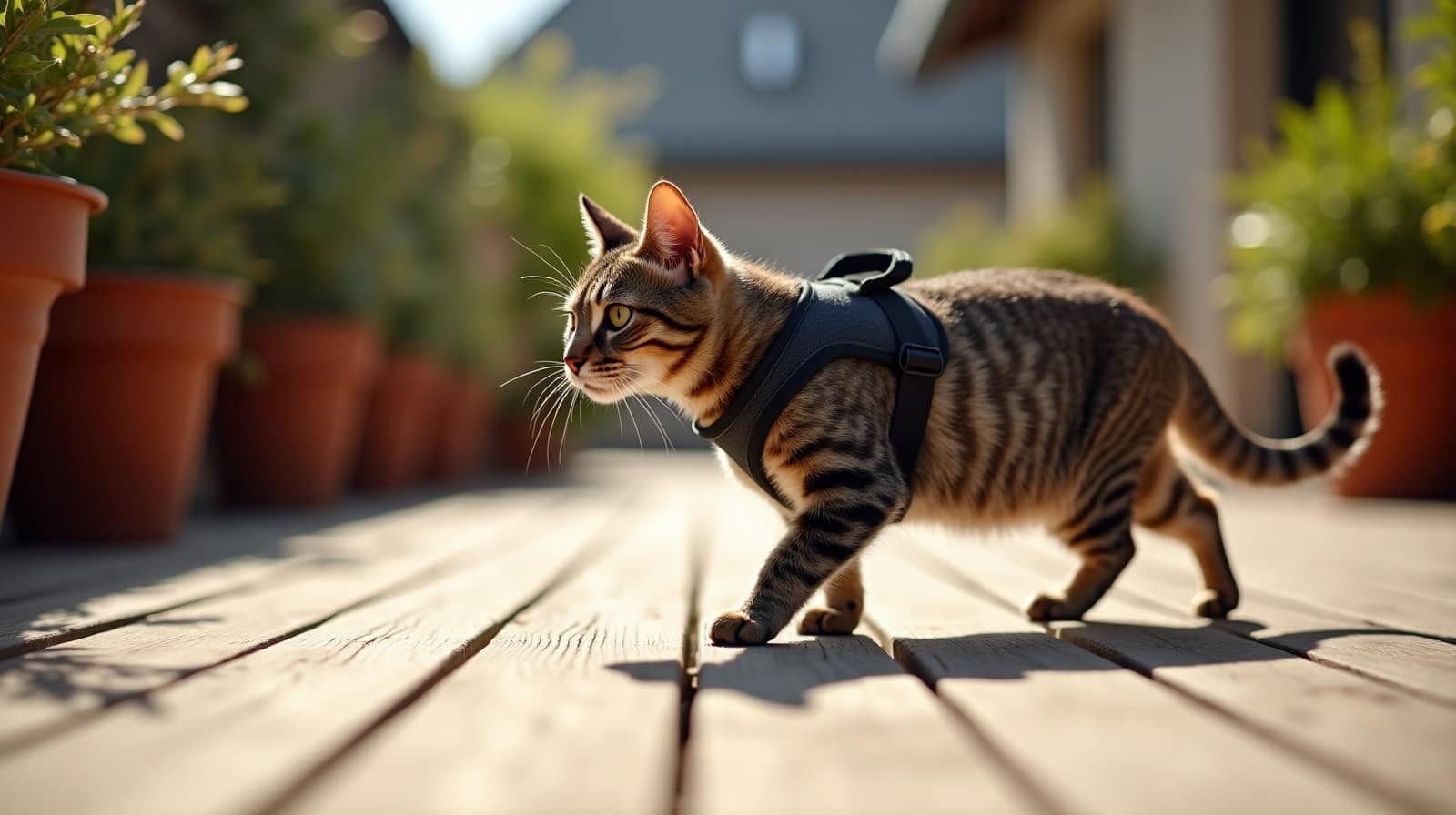 Chat gris portant un harnais textile avec des sangles croisées sur le poitrail et le dos, assis sur une terrasse en bois