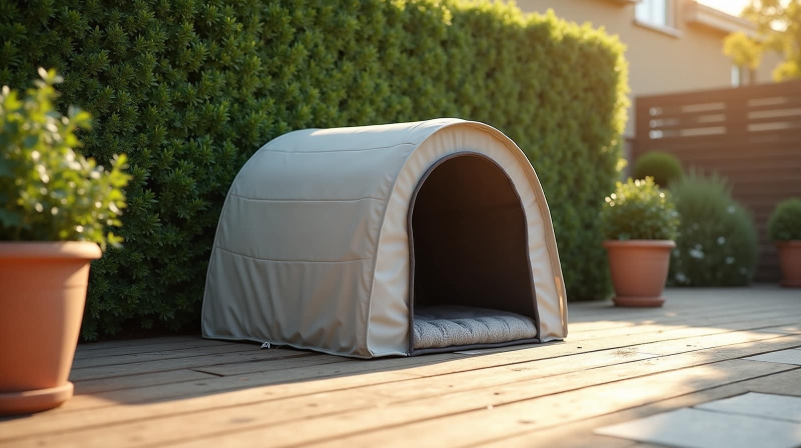 Abri souple isolé pour chat en tissu technique gris posé sur une terrasse en bois, chat assis à côté sur les pavés du jardin