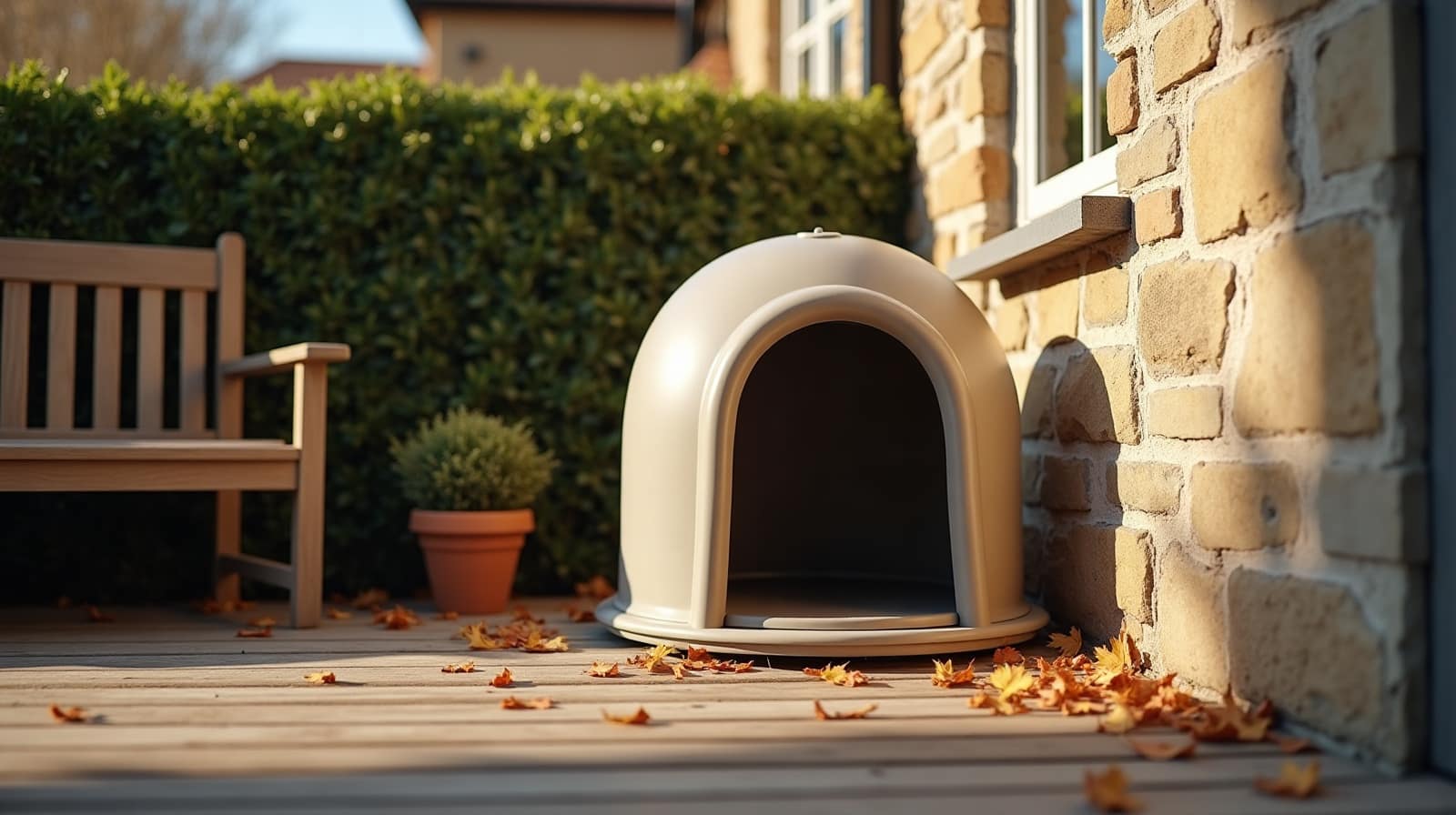 Abri souple isolé pour chat installé contre un mur de jardin abrité du vent, sous un auvent en bois, feuilles d'automne au sol