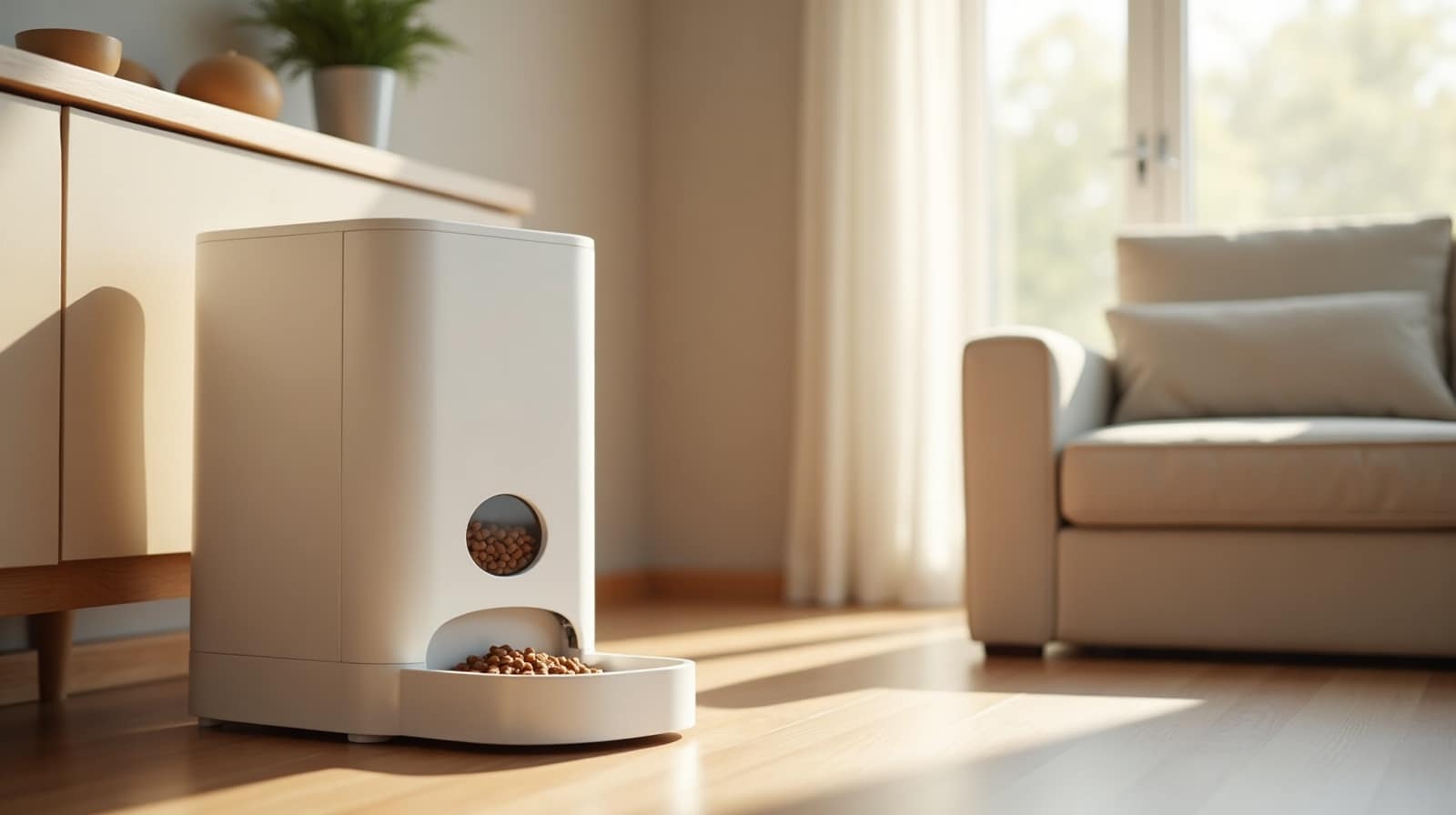 Distributeur automatique de croquettes blanc posé sur un meuble bas dans un salon lumineux, réservoir rempli de croquettes visible