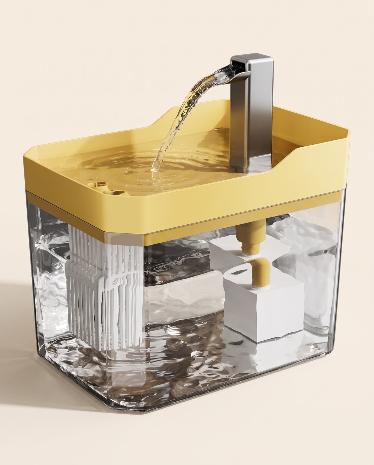 Fontaine à eau design pour chat, réservoir transparent et base claire, sur fond ivoire