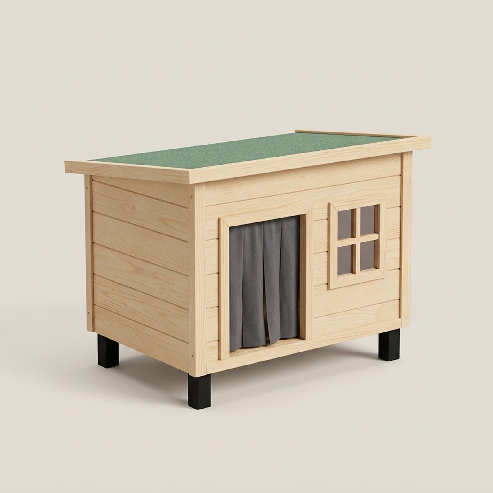 Niche en bois pour chat d’extérieur, toit bitumé vert, porte à rideau et fenêtre, surélevée sur pieds, vue de trois quarts sur fond ivoire