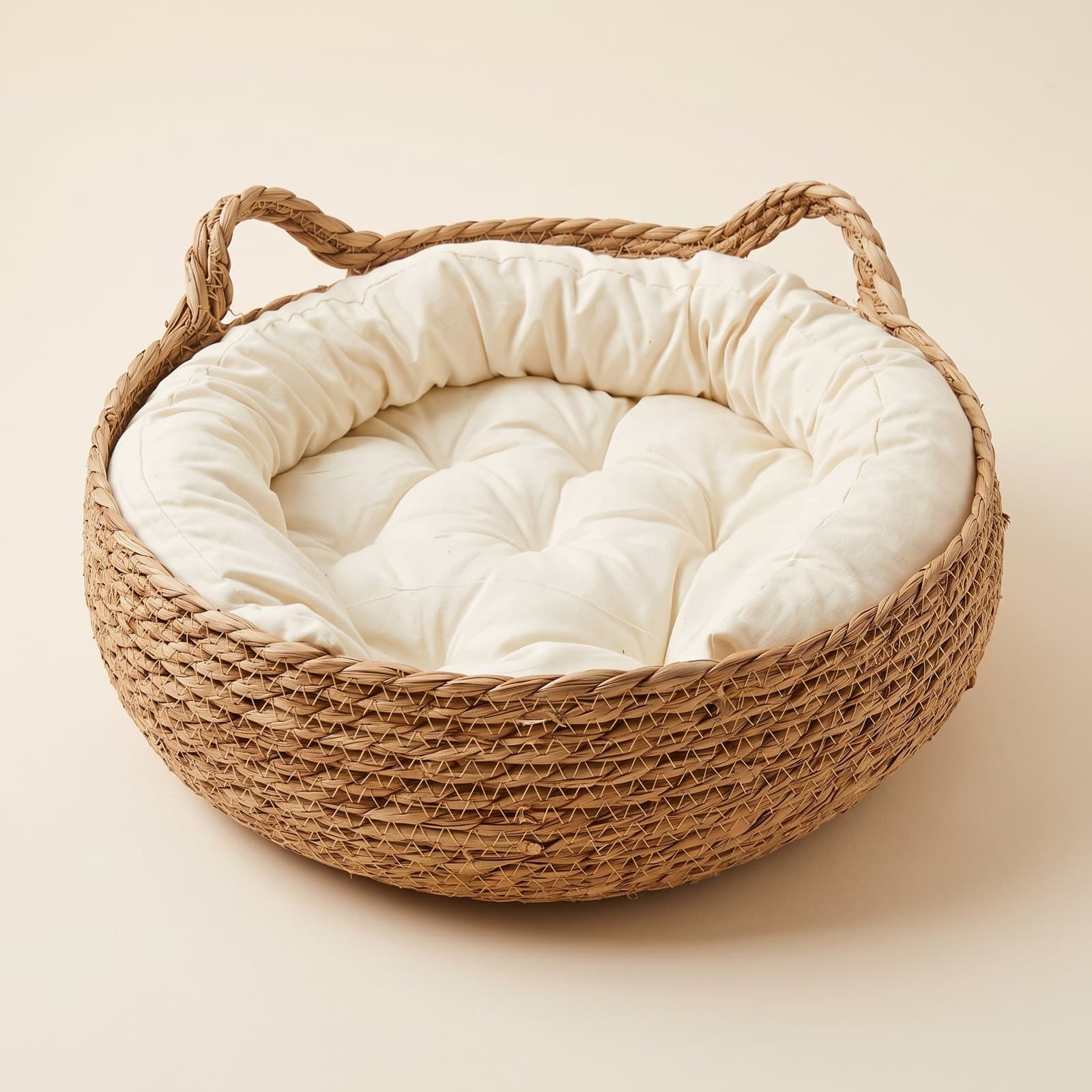 Panier en vannerie tressée pour chat, coussin ivoire amovible, anses latérales, vu de trois quarts sur fond ivoire