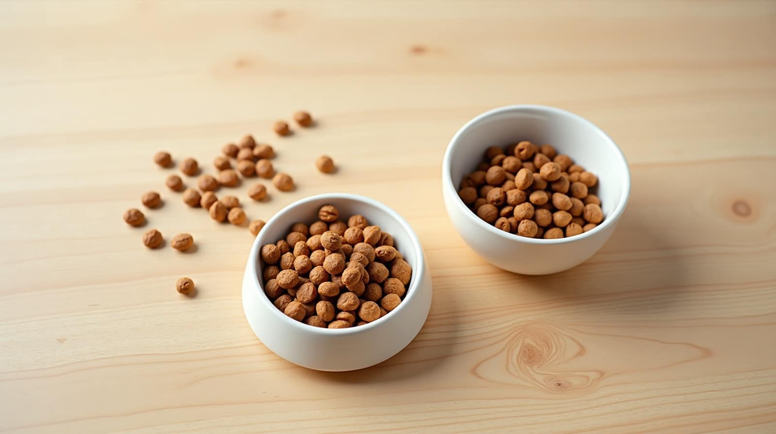 Croquettes réunies en tas sur une petite coupelle et dans un bol blanc, gros plan sur une table claire