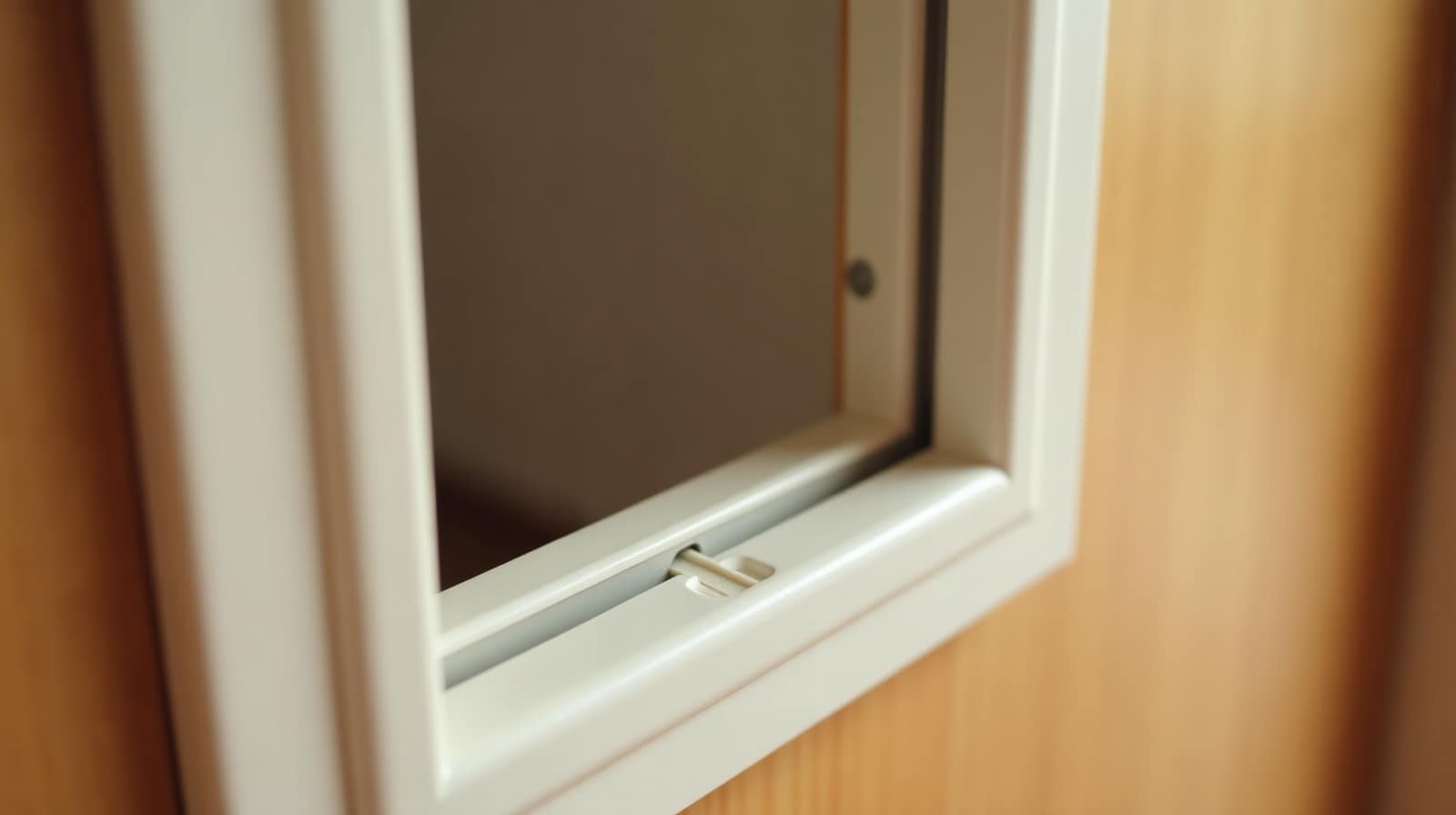 Chatière blanche autonome avec battant translucide, installée près d'une porte-fenêtre ouverte sur le jardin, chat assis à côté