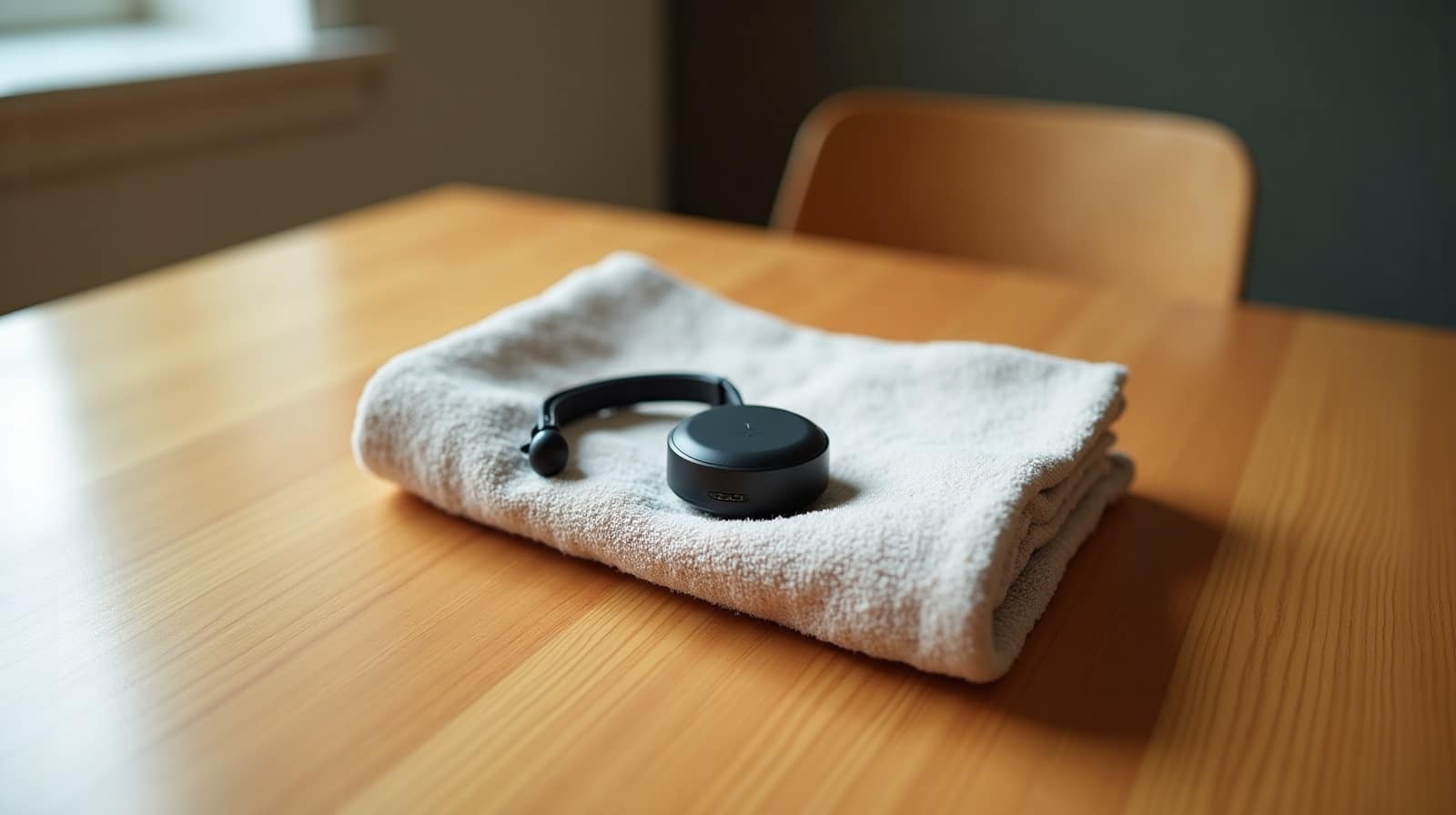 Boîtier compact de collier GPS posé sur une serviette à côté d'un chat allongé sur une table en bois clair