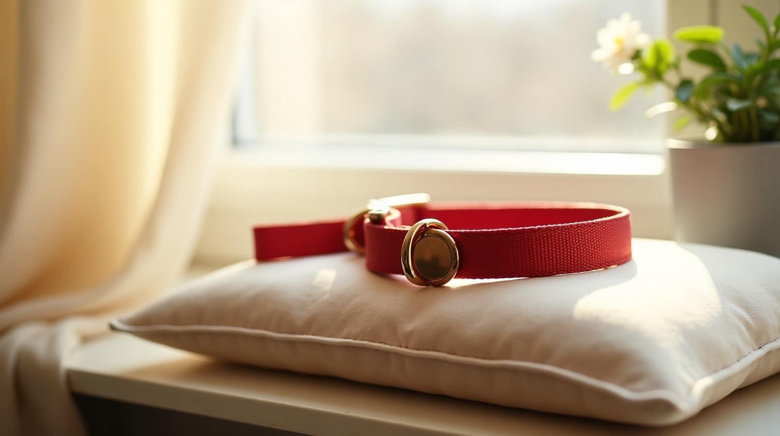 Chat assis sur un rebord de fenêtre intérieur, portant un collier fin avec un petit boîtier rond, regardant vers l'extérieur