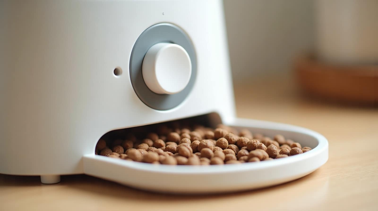 Distributeur automatique de croquettes blanc avec bouton de réglage rond et réservoir garni, chat curieux à côté