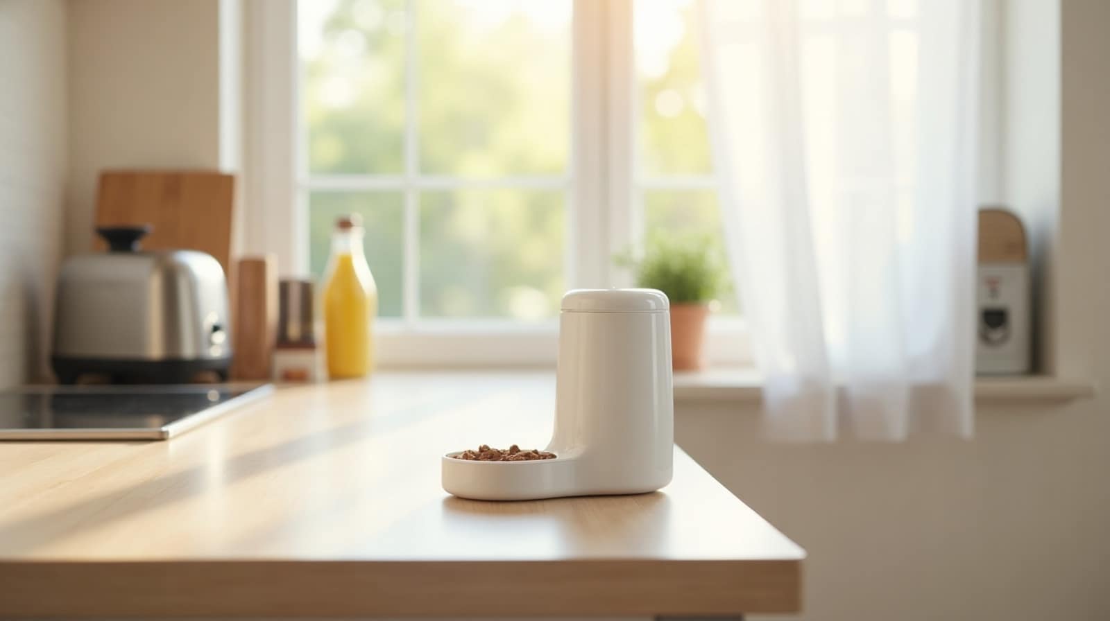 Chat s'approchant d'un distributeur automatique gris avec réservoir vitré rempli de croquettes