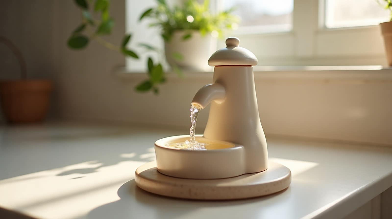 Bassin d'une fontaine à eau pour chat en céramique claire, eau en mouvement autour d'un filtre central, vue rapprochée