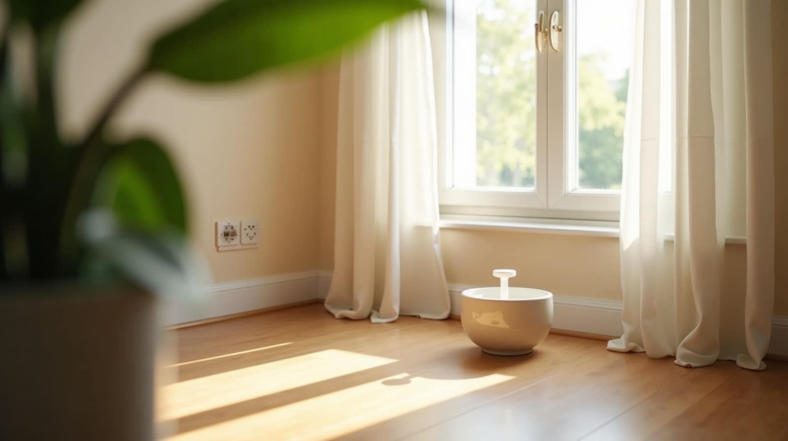 Chat près d'une gamelle d'eau posée au sol devant une fenêtre lumineuse, rideaux et plantes en arrière-plan