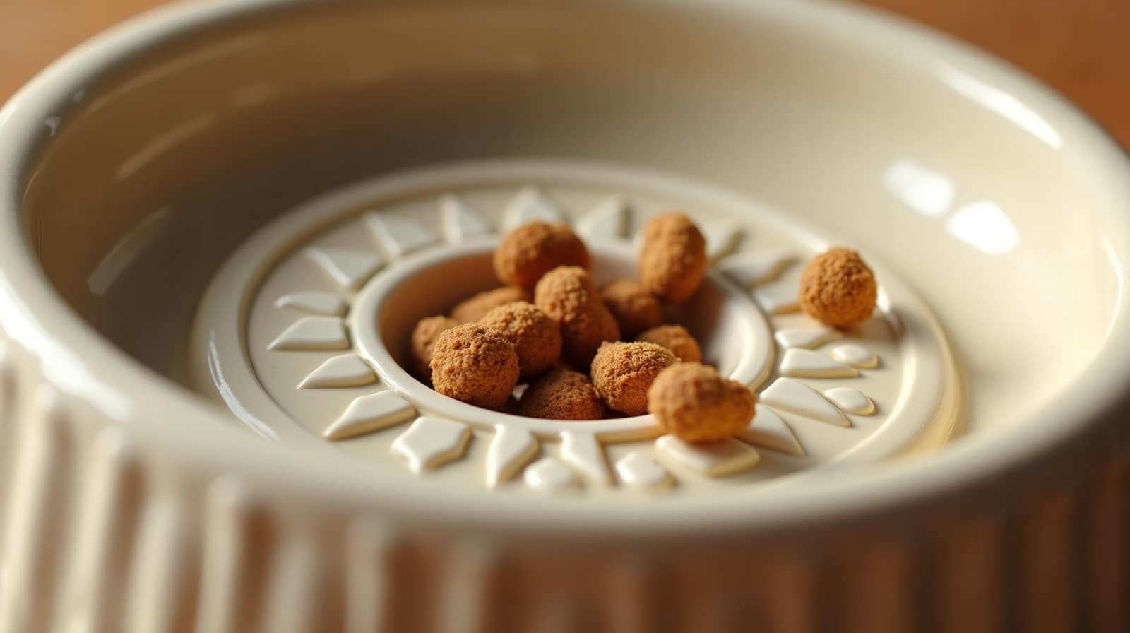 Chaton penché vers quelques croquettes posées sur un tapis blanc, à la sortie d'un igloo pour chat texturé