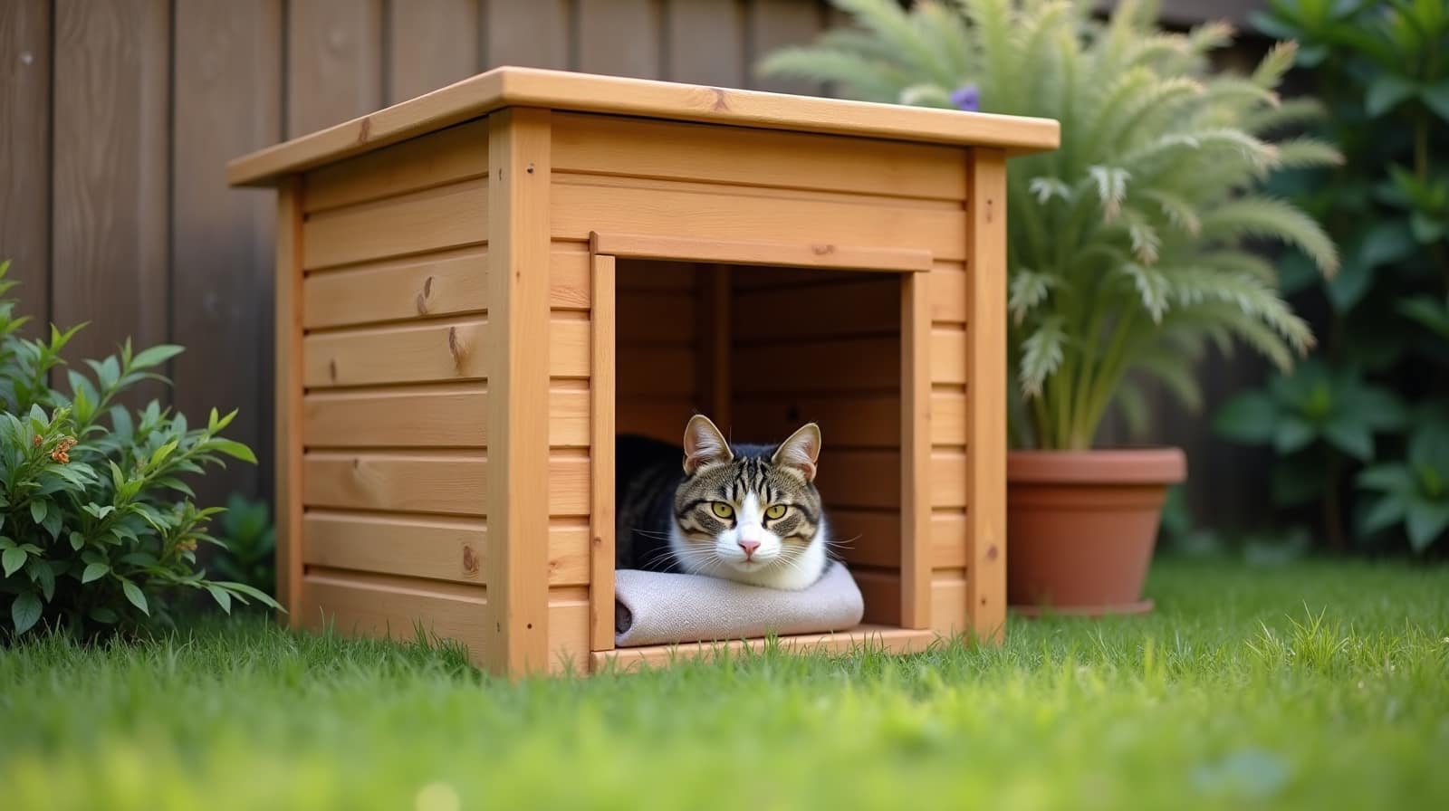 Niche en bois classique installée dans un jardin, toit à deux pentes, chat installé à l'intérieur sur une couverture