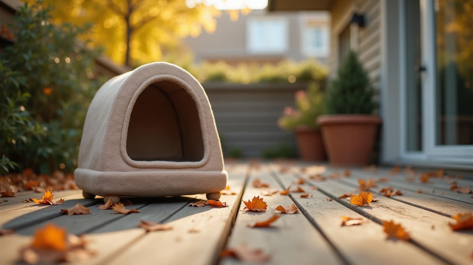Abri souple pour chat surélevé sur ses pieds métalliques, posé sur une terrasse en bois, feuilles mortes d'automne autour